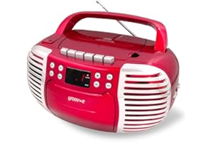 GROOV E Groov-e Retro Boombox - Portable Cassette Tape & CD Player with Radio, 3.5mm Aux Port, & Headphone Socket - LED Display, 2 x 1.2W Speakers - Battery or Mains Powered - Red