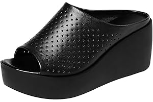 Jamron Femmes Peep Toe Mules Plateforme Talon Compensé Cuir Véritable Été Pantoufles
