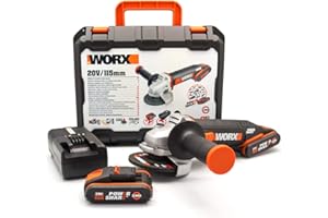 WORX Amoladora angular a batería 115mm 20V Máx. | PowerShare | WX800 | Incluye 2 baterías 2Ah, cargador y maletín | Protector de disco | Empuñadura | ergonómica