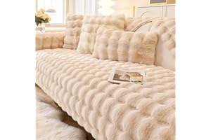 HOVOTO Thick Rabbit Plush Sofa Cover 1 2 3 Seater, Universal Non Slip Corner Sofa Cover L Shape Super Soft Faux Fur Sofa Slipcovers for Living Room, beige, 70 * 70cm