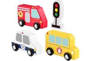 Fisher-Price Coffret Mes véhicules en bois pour tout-petits comprenant 4 pièces en bois dont un camion de pompier, un bus scolaire et une voiture de police, à partir de 2 ans, JCY32