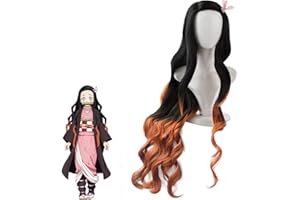 TRANSPLANT Kamado Nezuko Demon Slayer Cosplay Wig, Japanese Anime Character Role Playing Hairs Wigs with Accessories, Long Curly Black Orange Gradient Kids Wig for Halloween Props