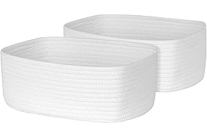 ORGMASTER 2 Pack Small Rope Baskets 33x21.6x13 cm, Woven Storage Basket Closet Organizer Bins, Shelf Boxes for Organizing Home Office, Cat Dog Toy Box, Empty Gift Basket, White