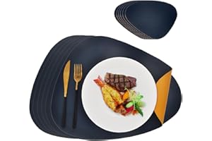 HUSPOX Double Side Leather Placemats and Coaster Sets - Washable Non Slip Table Mats Hot Resistant for Dining Table (Navy-Yellow, 6 Placemats + 6 Coasters)