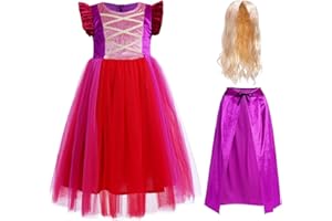 OBEEII Kids Sanderson Sister Costume Girls Sarah Mary Winifred Dress with Cape Wig Outfit Cosplay Halloween Costume Purple 3PCS 4-5 Years