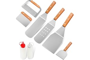 HOME SAFETY Set di Spatole e Raschietto per Teppanyaki e Barbecue, 8 Pezzi, Manico in Legno, Set Accessori Barbecue in Acciaio Inox, per Griglia Cucina da Campeggio, Barbecue all'aperto, Feste in Cortile