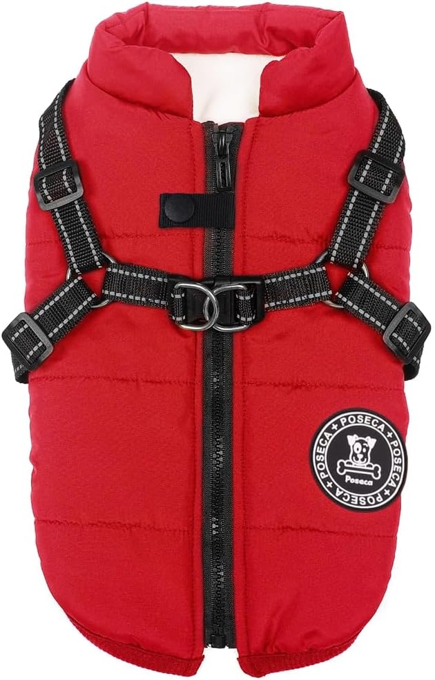 Poseca Dog Coat with Harness,Dog Coats Waterproof,Small Dog Harness Jacket,Puppy Winter Fleece Jackets,Winter Waterproof Coat with Reflective Harness and Zipper for Small Medium Large Dogs