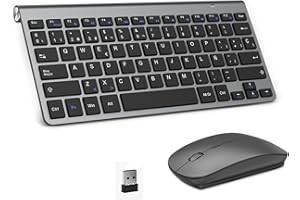 PINKCAT Teclado y ratón inalámbricos, 2.4G Set de Teclado Ultrafino y ratón ergonómico silencioso con 12 accesos directos Multimedia para Ordenador, PC, Tableta, Ordenador de sobremesa (Gris Oscuro)