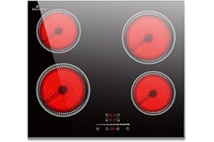 DELITEER Ceramic Hob 4 Zones, Electric Ceramic Hob 6000W, Built-in Electric Hob, 59cm Ceramic Cooktop, Slider Touch Control, Safety Lock, Timer, 9 Power Level, 230V, No Plug