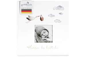 goldbuch 15 474 Babyalbum Hurra - Du bist da!, Babybuch 30 x 31 x 4 cm, Foto Album, 58 weiße Blankoseiten, 4 illustrierte Seiten, Einband aus Kunstdruck mit Goldprägung, Unisex, Fotobuch Weiß