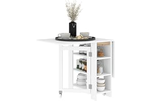 HOMCOM Mesa Plegable de Comedor, Mesa de Cocina Plegable, con Ruedas, Alas Abatibles, Estantes, hasta 4 Personas, para Salón, Espacio Pequeño, 120x60x75 cm, Blanco