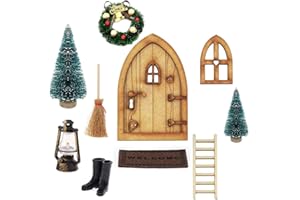 KKSJK Wichteltür Weihnachten Set, Wichteltür Nissedor mit Zubehör, Wichtelhaus Weihnachtsdeko, Wichtel Tür Laterne Weihnachtsbaum Kranz Holzleiter Wichtelbesen Gummistiefel Teppich Miniatur Gartenmöbel
