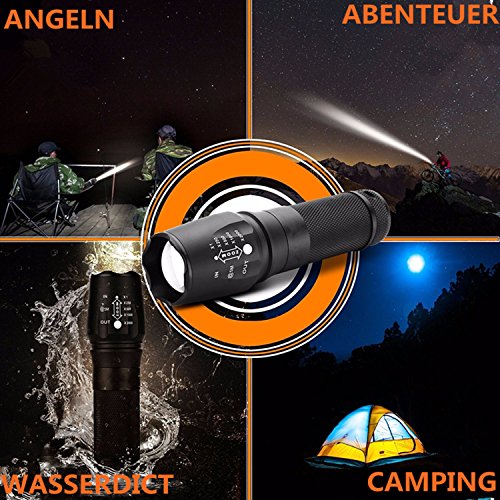 LED Zoombar 2500lm Superhelle Taschenlampe, GOCHANGE LED Handlampe, LED Camping Handlampe, LED Flashlight Mit einstellbarem Fokus / 5 Licht-Modi Wasserdicht Lampe für Outdoor Sportarten wie Camping, Wandern, Angeln - 7