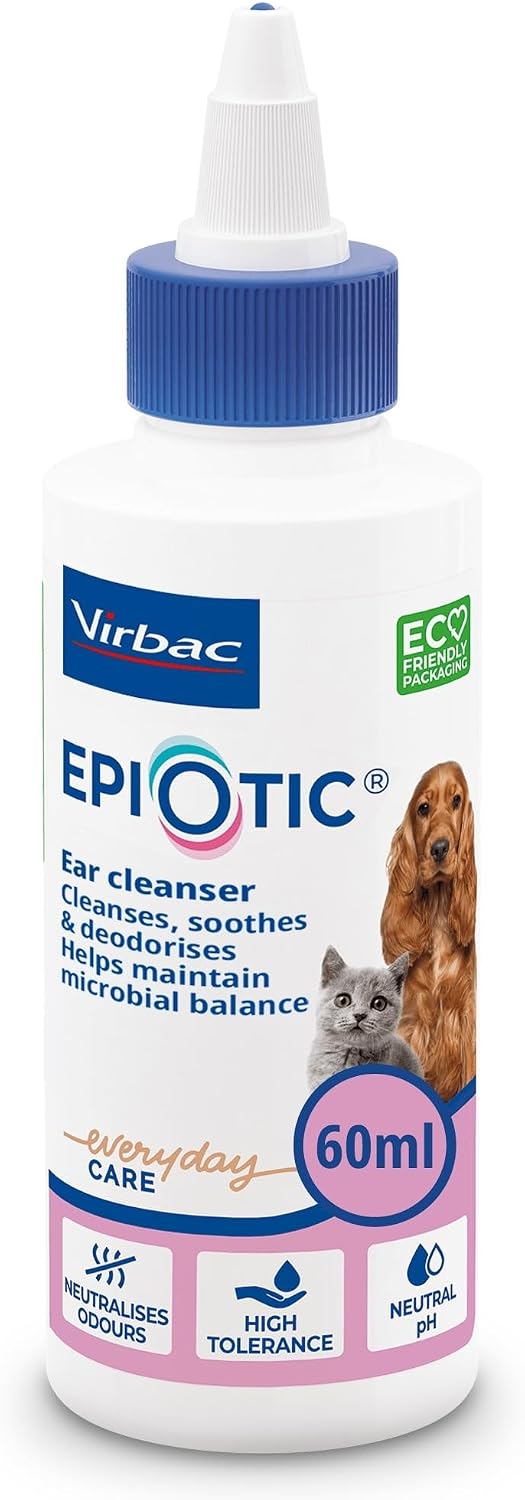 Virbac EpiOtic Cat and Dog Ear Cleaner Solution - Antibacterial and Anti-fungal Dog and Cat Ear Cleaner - 60ml