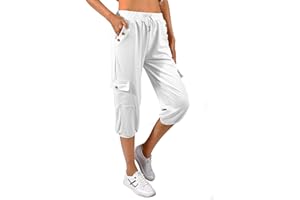 heekpek Femme Pantalon 3/4 Chic Ete Ample Pantalon Jogging Cotton Casual Pantacourt Pantalon de Yoga Pilattes Pantalon Décontracté avec Poches