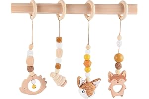 Afenau Lot de 4 Arche De Jeux En Bois pour Bébés,Jouet Pour Arche Déveil,Arche De Jeux Bébé Bois,Portique Deveil Bebe Bois,Jouet Pour Arche Déveil En Bois,Pendentif En Bois Pour Nacelle,Poussette
