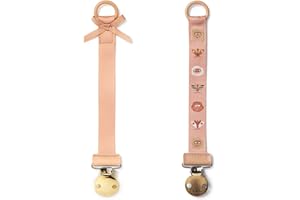 Elodie Details Dummy Chain Pack of 2, Made of Fabric and Stainless Steel Clip, for Baby Boys and Girls, Universal Silicone Ring, Fits All Dummies - Amber Apricot/Midnight Fly