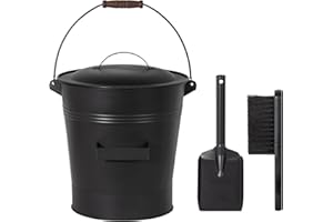 Todeco Ascheeimer mit Deckel, Schaufel und Aschebesen, 19 Liter Kohleeimer Aschetonne mit Tragegriff, Kamineimer für Kamin, Ofen, Grill, Feuerstelle, Holzofen, Schwarz