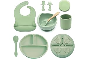 ILEYLUY Baby Feeding Set, 8 Pack Baby Led Weaning Supplies, Suction Bowl Divided Plate, Toddler Self Feeding Dish Set with Spoons Forks Sippy Cup Adjustable Bib, Eating Utensils for 6+ Months (Green)