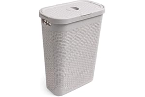 Addis Faux Rattan 40 Litre Family Slim Laundry Clothes Washing Hamper Bin with Lid, Beige, Calico/Cream
