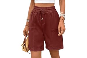 HOTIAN Bermuda long élastique pour femme - Taille haute - Jambes larges - Pantalon d'été en coton décontracté avec poches