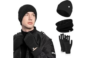 Nenkarn Mens Hat Scarf and Gloves Set, 3 in 1 Winter Thermal Hat Gloves Neck Warmer Set Thick Fleece Touchscreen Glove Knitted Cap Cold Weather Accessories Sets