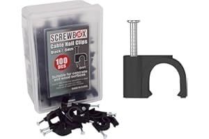 SCREWBOX® Cable Nail Clips, 6 mm 100 Pcs Nail-In Clips, Strong Durable Black Round Cable Tacks, Wall Wire Tidy Holder Pins, for wood | concrete | plasterboard