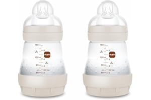 MAM Pack 2 Biberones Anticólicos, Recién Nacido, 0-2 Meses, 160ml, con Tetina 1 Flujo Lento de Fácil Aceptación, Autoesterilizable y Fácil de Limpiar, MAM Easy Start Anti-Colic, Neutro Mate, 2uds