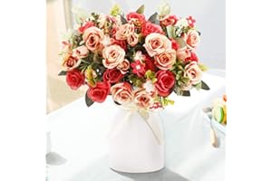 LESING Rosas de Seda Artificiales con florero, Flores Falsas, Ramos de Flores de Boda, arreglo para el hogar, Oficina, Fiesta, Centro de Mesa (Rojo)