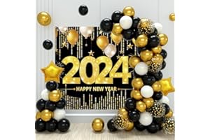 PATIMATE Kit de Arco de Ballon Año Nuevo 2024, 100pcs Guirnalda Globo Negro Dorado Blanco con Banner Feliz Año Nuevo, Globo Confeti Globo Estrella, Decoraciones Año Nuevo para Fiesta Año Nuevo 2024, Nochevieja