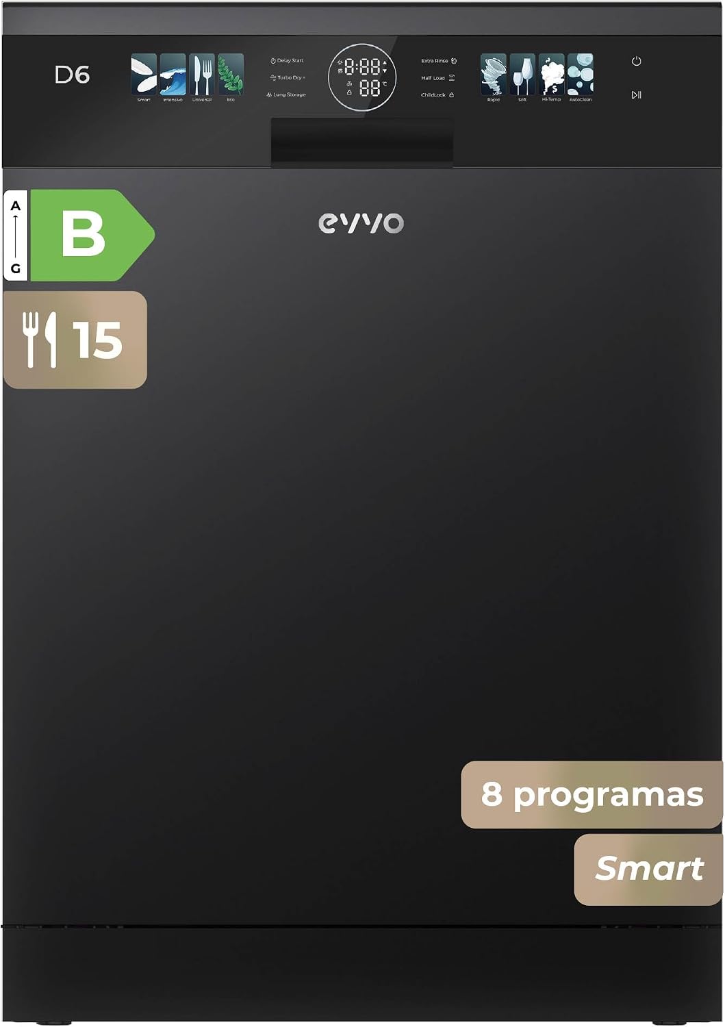 Lavavajillas D6 Libre Instalación 60 cm - Clase B Alta Eficiencia, 15 Cubiertos, 8 Programas, Apertura Automática, Luz UV e Inicio Diferido - Lavavajillas Acero Inoxidable Inox - Secado Turbo (Negro)