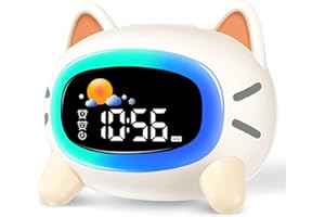 LEMNOI Réveil Enfant Reveil Enfant Educatif Jour/Nuit avec Lumineux LED 5 Couleurs, Garcon Fille Cadeau,7 Types de Musique,Deux Alarmes,Rechargeable USB,Chat