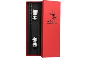 Aomhrek Palillos Chinos Reutilizables, Set de 2 Pares Con Soporte de Cerámica en Forma de Panda, Japoneses y Coreanos Para Niños y Adultos, Ideal Para Sushi, Noodles (Negro)