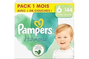 Pampers Warstwy Harmonia Rozmiar 6 (13+ kg), 144 pieluchy dla niemowląt, opakowanie 1 miesiąc, 100% absorpcja Pampers & składniki pochodzenia roślinnego, hipoalergiczne, teraz z większą liczbą pieluch