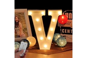 WHATOOK, Lettre LED lumineuse en forme de lettres de l'alphabet avec minuterie sans fil et télécommande à intensité variable pour anniversaire, fête, mariage, vacances, maison, bar (lettre V)