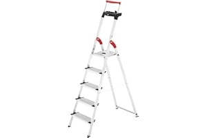 Hailo L85 ComfortLine Alu-Sicherheits-Stehleiter | 5 XXL-Stufen belastbar bis 150 kg | Tiefe Standfläche & Haltegriff |Stehleiter mit Ablage | Aluleiter Made in Germany | Leiter rostfrei | Silber