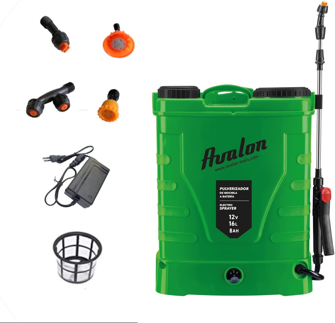 Avalon - Pulverizador de Mochila a Presión con Batería Recargable, Tanque 16L, Lanza INOX Verde. Incluye arnés, Cargador y Set de boquillas de pulverizado