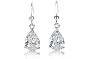 RIZILIA Dangle Drop Pendientes con Copa de Pera CZ [7 Colores disponibles] en Oro blanco plateado, Simple moderno elegante