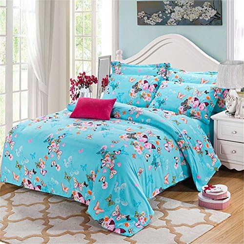 Simonshop Soft Cotton Sweet Butterfly Printing Duvet Cover Set Home Textile 4pcs Bedding Set Queen/King Size for Girl (queen, Style 1)