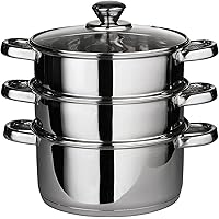 22 cm Deluxe Steamer Cookware Set with Glass Lid & Handles Stainless Steel Pan 3 Tier Pot CAPSULATED Bottom Prima Kitchen Hom