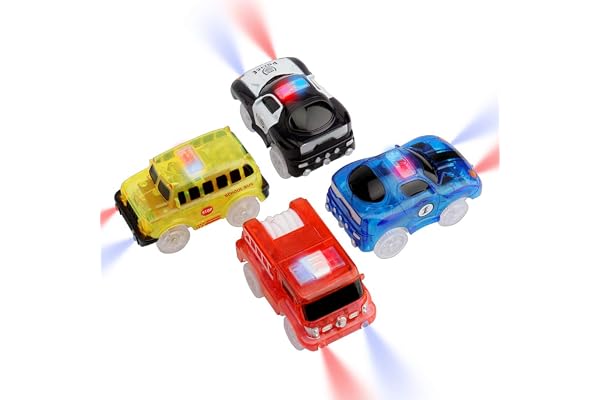 sikkeby Tracks Cars, 4 Pack Circuit Voiture Enfant avec 5 flashs LED, Rail Voiture Jouet Brille dans l'obscurité, Compatible avec la Plupart des Pistes pour Enfants, garçons et Filles
