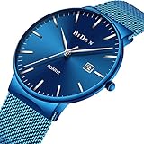 BIDEN Herren Analog Quarz Luxus Minimalistisch Uhr mit Blau Edelstahl Armband 0047