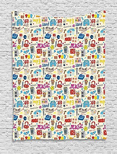 Music Tapestry, Retro Pop Art Style Music Icons Casette Tapes Records Rock Headphones DJ Kids Image, Wall Hanging for Bedroom Living Room Dorm, 60 W X 80 L Inches, Multicolor