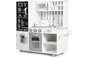 RELAX4LIFE Cucina Giocattolo in Legno per Bambini, Mini Cucina con Forno, Microonde e Frigorifero, Effetti Luminosi e Sonori, Natale/Compleanno/Feste, XC76073-1