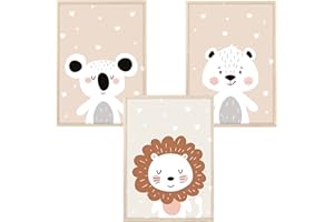 MeinBaby123® Set di 3 immagini per cameretta dei bambini, formato DIN A4, immagini da parete, immagini per cameretta dei bambini, poster da parete di alta qualità (dolci amici, beige)