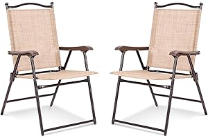 ‎COSTWAY COSTWAY 2er Set Gartenstühle klappbar, Hochlehner wetterfest Gartenstuhl Klappstuhl bis 120 kg, Terrassenstühle mit Armlehnen für Garten, Terrasse, Pool (Beige)