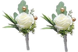 Jowxsx 2 x Rosen-Boutonniere für Herren, Hochzeit, Bräutigam, Trauzeugen, künstliche weiße Rosen mit Stecknadeln für Hochzeit, Jahrestag, Feier, Abschlussball, Party, Heimdekoration, künstliche Blumen
