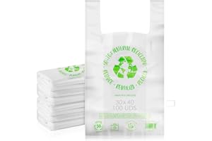 MARCPRINT Bolsas plastico. Bolsas con Asas Tipo Camiseta. Bolsa Porta Alimentos. Pack Bolsa de Plastico, Resistentes y Reutilizables. Material Reciclado 50-70%. Galga 200. (30x40-100 uds)