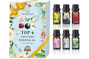 MINDBREAKER Zestaw olejków eterycznych z kwiatów, bio-aromaterapia, 6 w 100% czystych terapeutycznych olejków eterycznych najwyższej jakości - zestaw upominkowy 6 / 10 ml butelki (Unique Essential Oil Set-TOP 6)