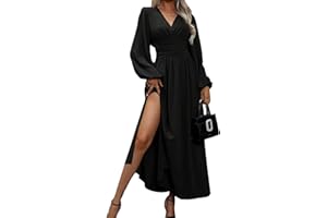 LUVCES Abito Elegante Donna Scollo a V Plissettato Vita Alta Abito Lungo con 2 Side Spaccato Causal Manica Lanterna Vestiti Autunno Iinverno Abiti